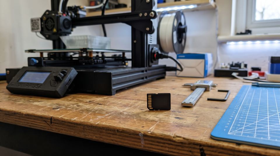 Carte mémoire posée près d'une imprimante 3D à filament dont l'écran est flou, sur un établi éclairé par une bande LED froide et une fenêtre