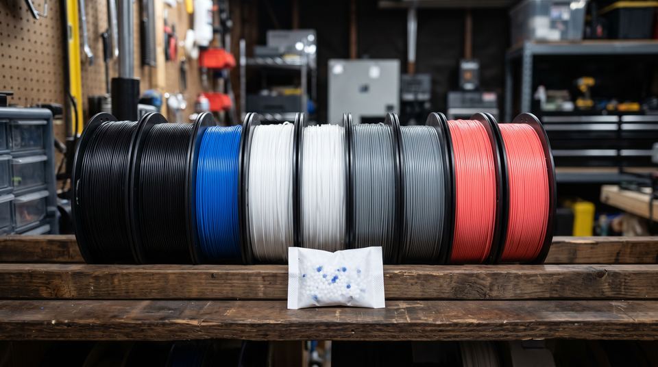 Étagère de bobines de filament de plusieurs couleurs, rangées de profil, avec un sachet de dessiccant posé devant.