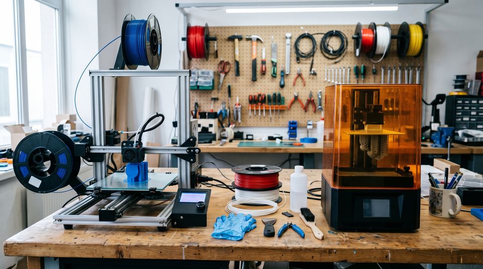 Deux imprimantes 3D génériques côte à côte sur un plan de travail, l'une à filament, l'autre à résine avec son capot ambré.