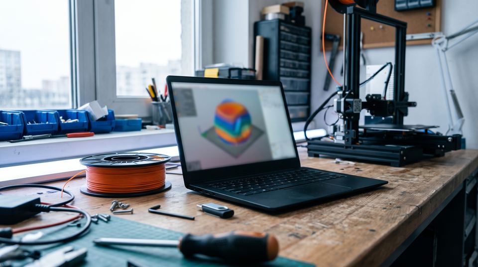 Ordinateur portable ouvert sur un établi, écran flou montrant une pièce en couches de couleur, une bobine et une clé USB à côté.