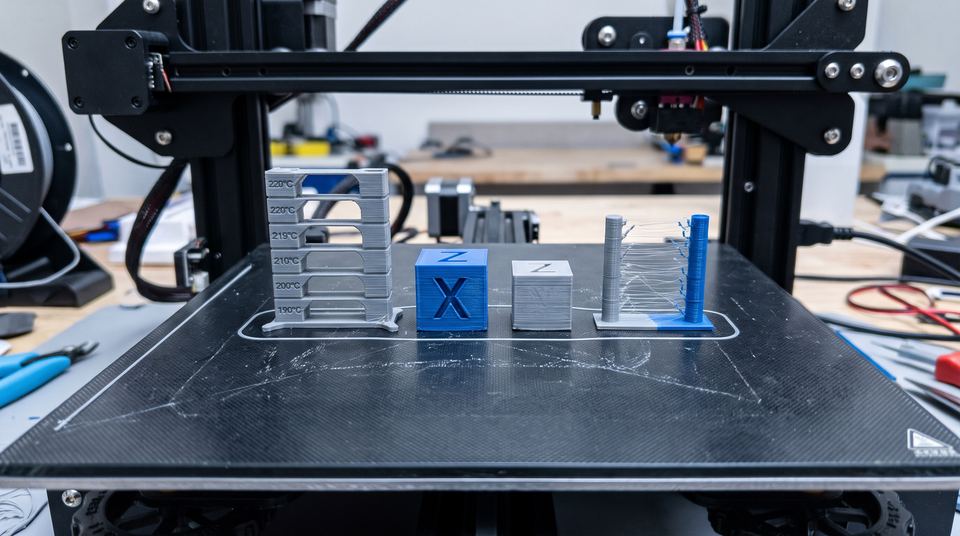 Tours de test de température et cubes de calibration alignés sur un plateau, certains avec de fins fils entre eux.